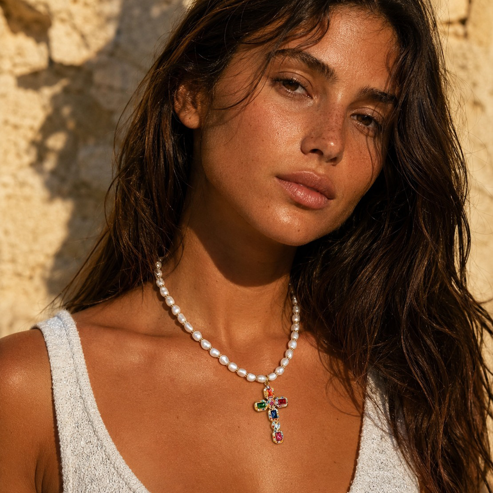 Collier Mistral Croix - Perles Naturelles