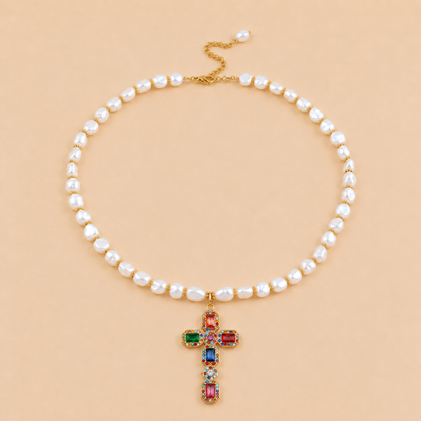 Collier Mistral Croix - Perles Naturelles