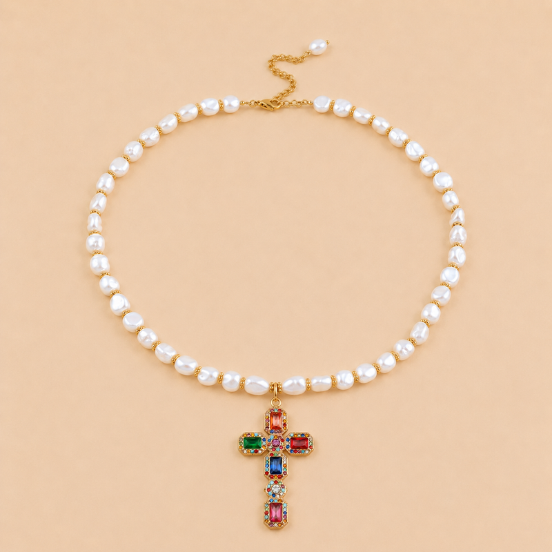 Collier Mistral Croix - Perles Naturelles
